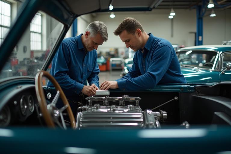 Team of skilled technicians working diligently on a classic car restoration project in their workshop.